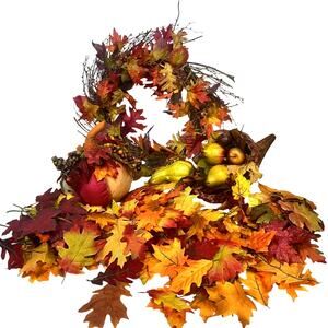 Fall Thanksgiving Autumn Home Decor Cornucopia, Pumpkin, Wreath & Fall Leaves